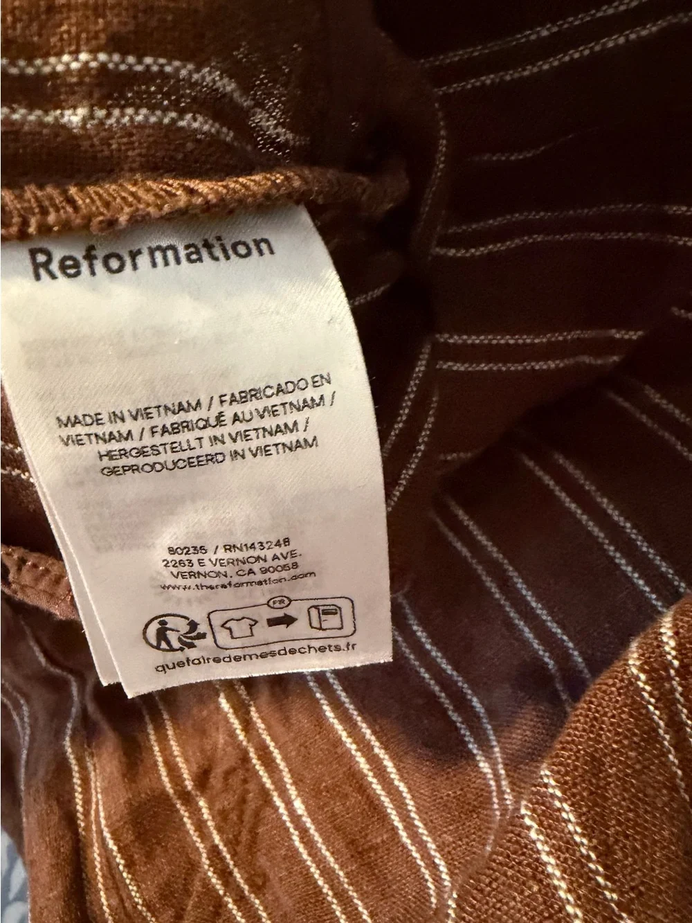 Reformation Vida Brown Pinstripe Linen Low Rise Wide Straight Leg Pants Size 4